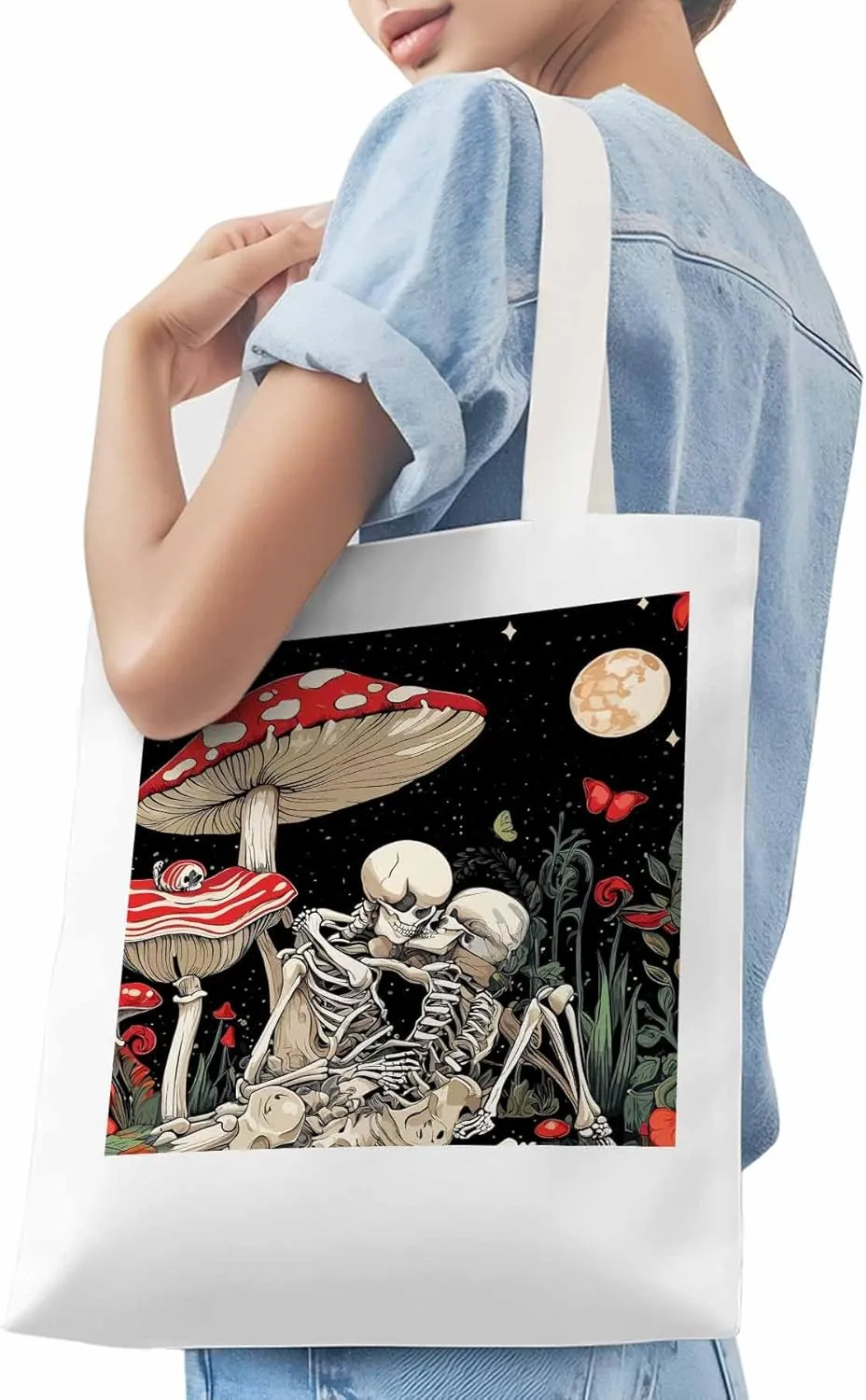 Skull Flower Mushroom Canvas Tote Bag, Aesthetic Canvas Tote Handbags for Women Shoulder Bag