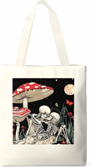 Skull Flower Mushroom Canvas Tote Bag, Aesthetic Canvas Tote Handbags for Women Shoulder Bag