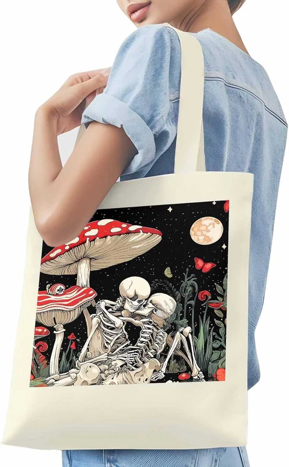 Skull Flower Mushroom Canvas Tote Bag, Aesthetic Canvas Tote Handbags for Women Shoulder Bag
