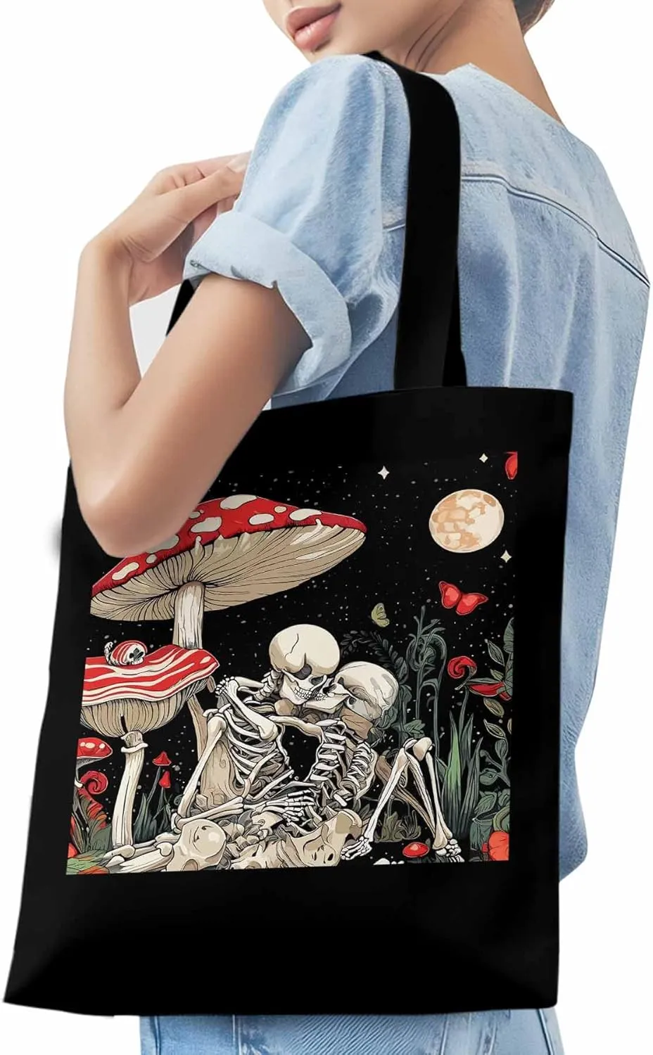Skull Flower Mushroom Canvas Tote Bag, Aesthetic Canvas Tote Handbags for Women Shoulder Bag