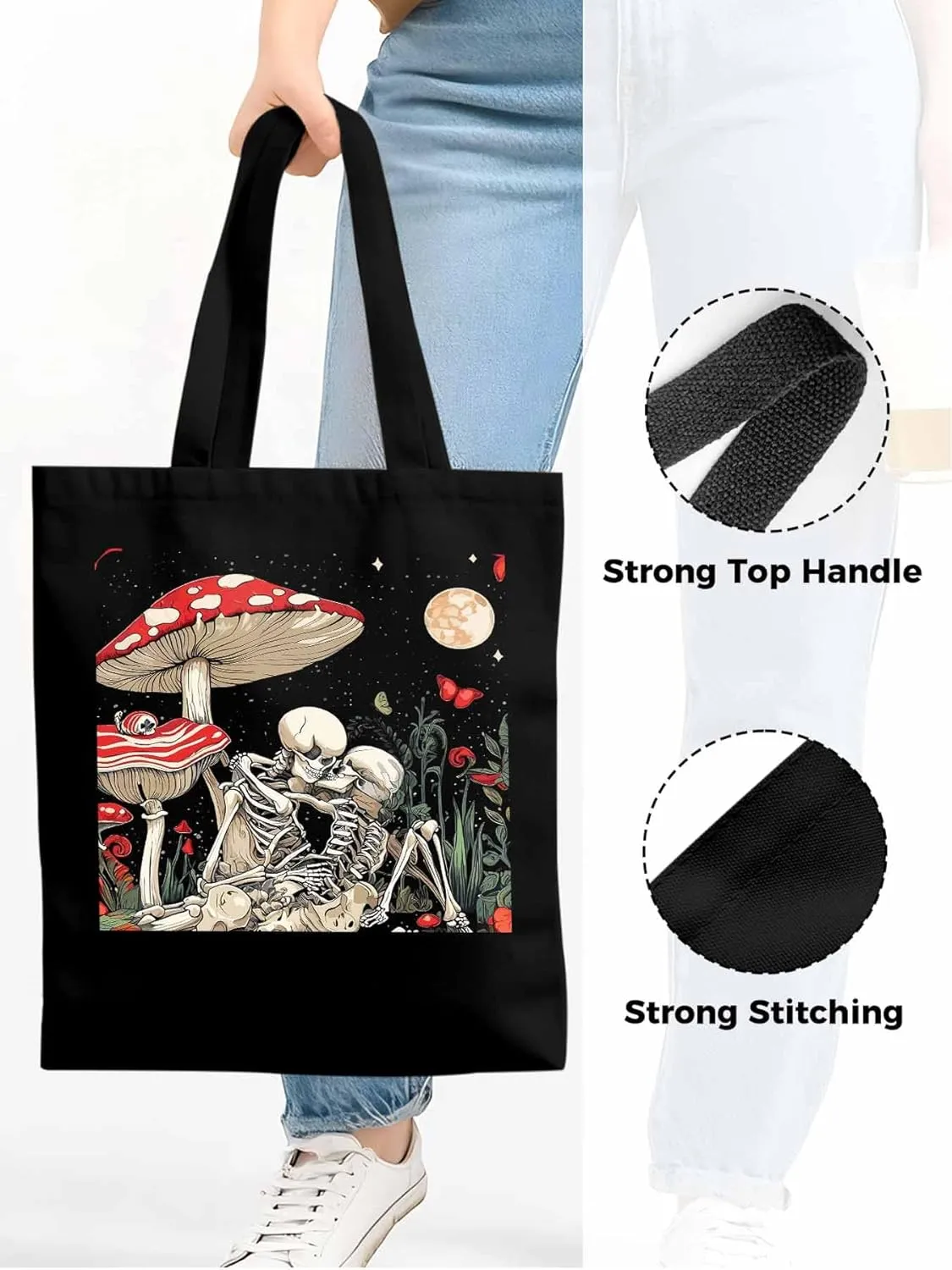 Skull Flower Mushroom Canvas Tote Bag, Aesthetic Canvas Tote Handbags for Women Shoulder Bag