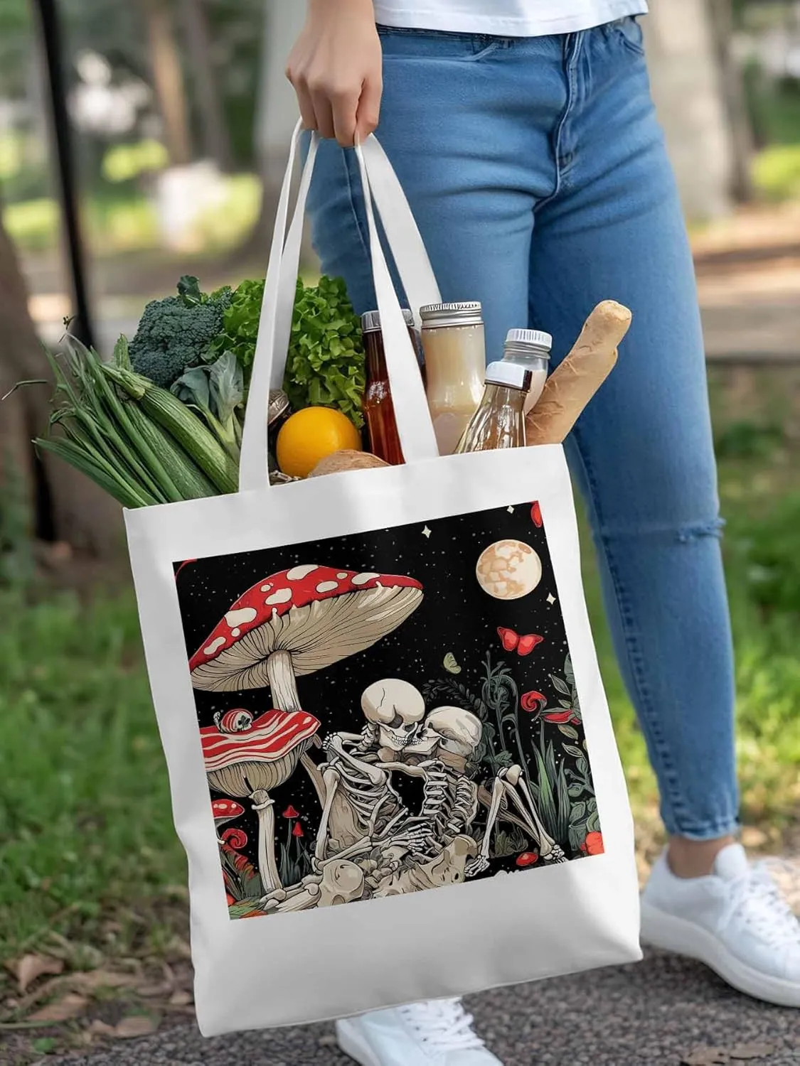 Skull Flower Mushroom Canvas Tote Bag, Aesthetic Canvas Tote Handbags for Women Shoulder Bag
