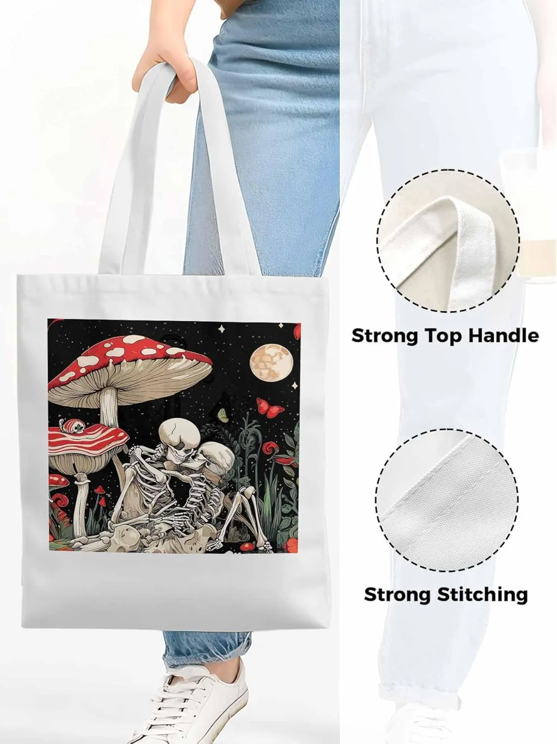 Skull Flower Mushroom Canvas Tote Bag, Aesthetic Canvas Tote Handbags for Women Shoulder Bag