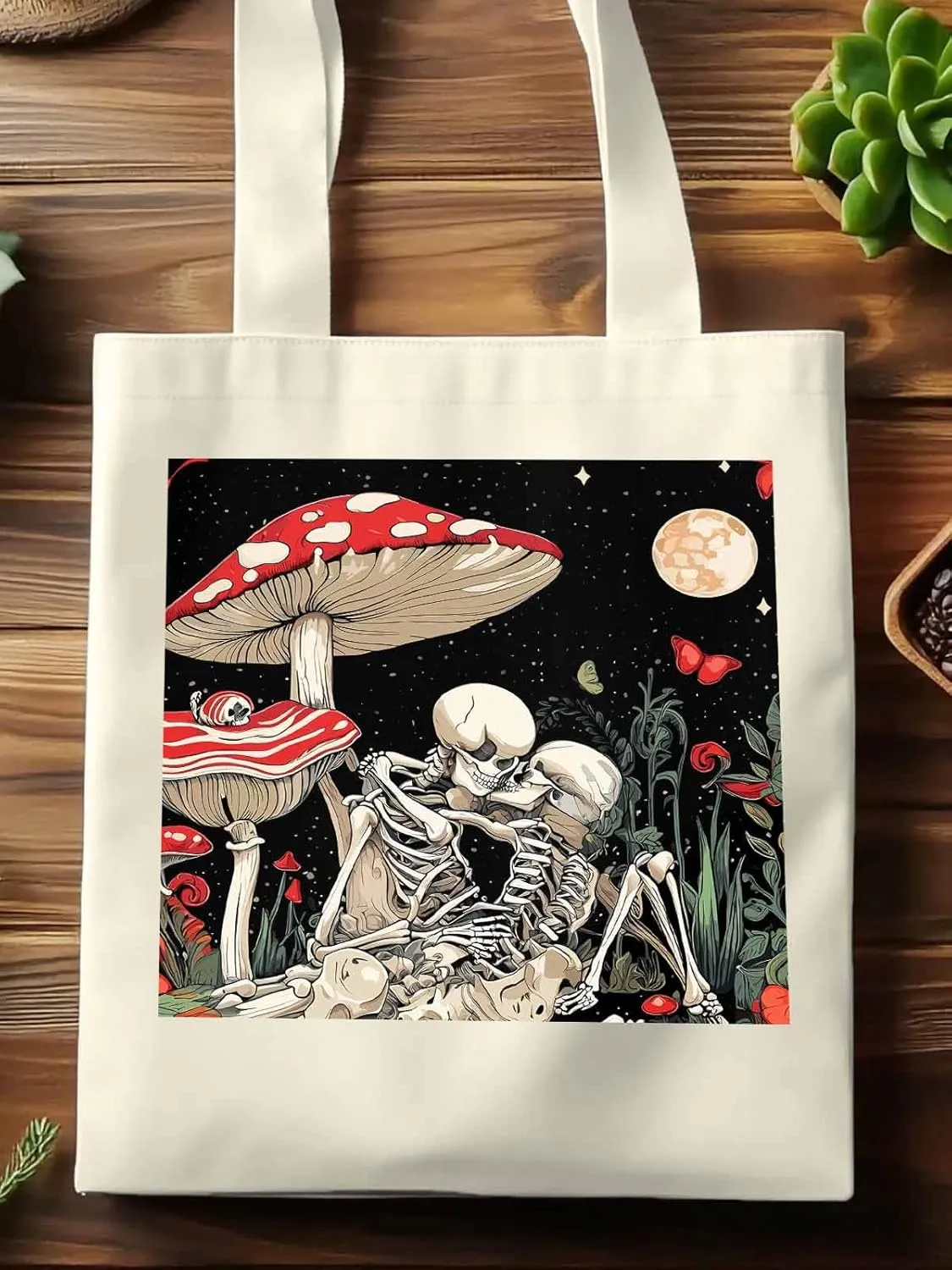 Skull Flower Mushroom Canvas Tote Bag, Aesthetic Canvas Tote Handbags for Women Shoulder Bag