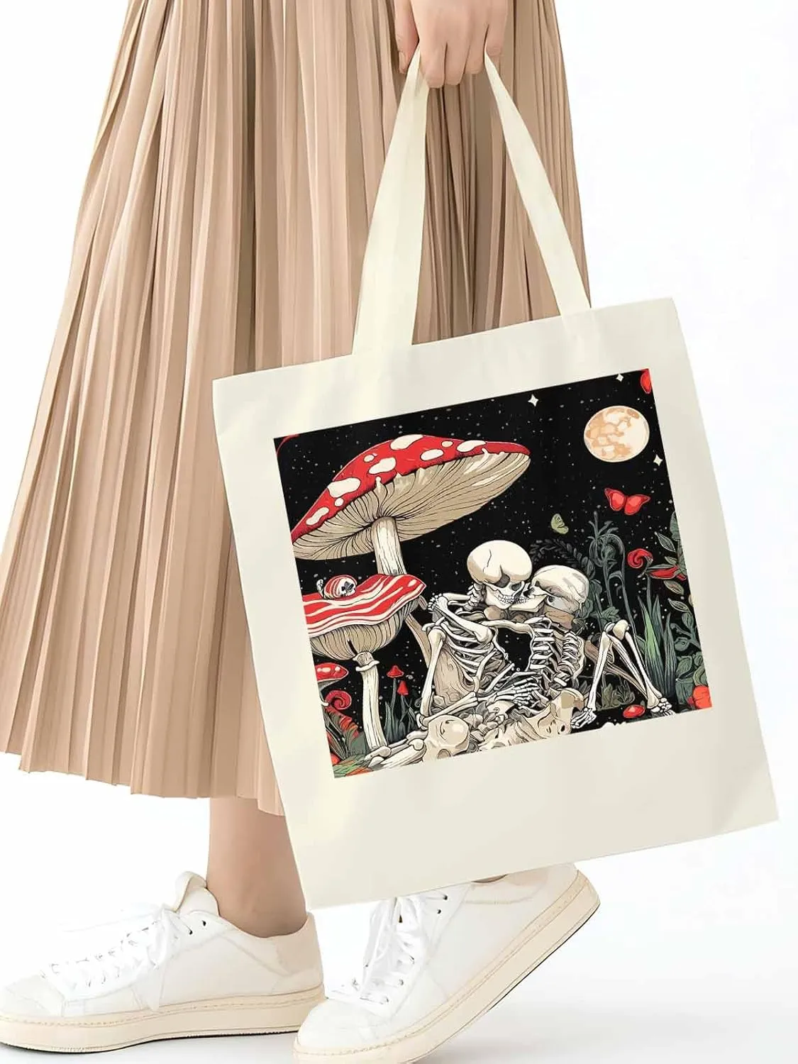 Skull Flower Mushroom Canvas Tote Bag, Aesthetic Canvas Tote Handbags for Women Shoulder Bag