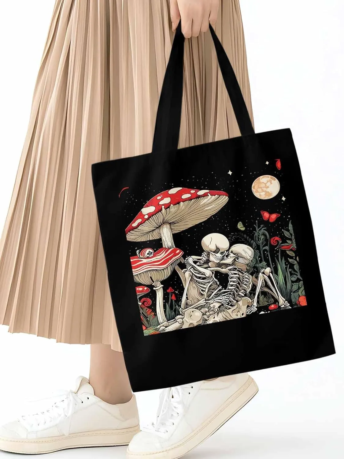 Skull Flower Mushroom Canvas Tote Bag, Aesthetic Canvas Tote Handbags for Women Shoulder Bag