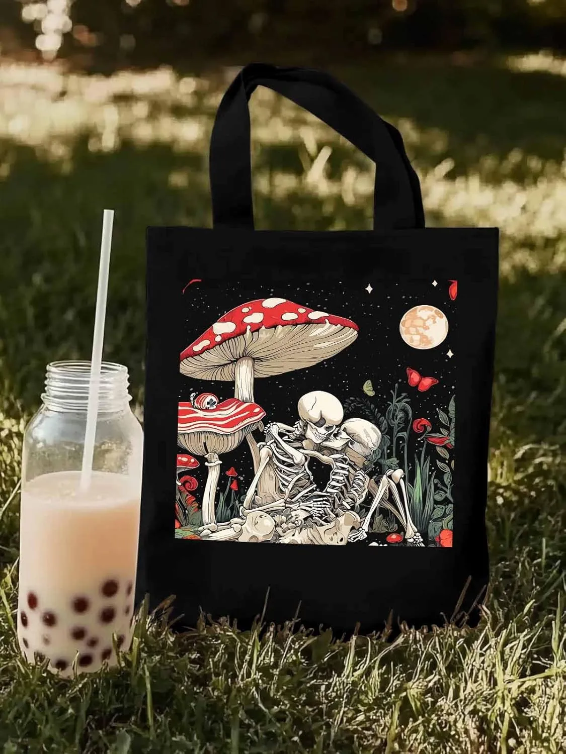 Skull Flower Mushroom Canvas Tote Bag, Aesthetic Canvas Tote Handbags for Women Shoulder Bag
