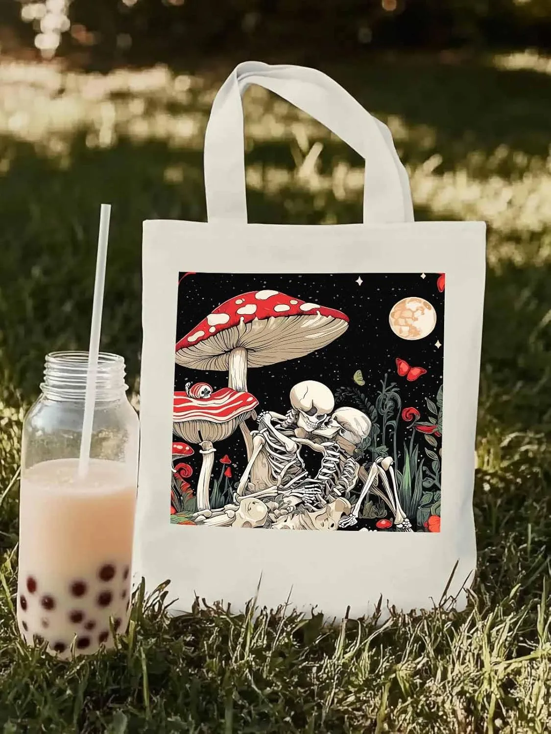 Skull Flower Mushroom Canvas Tote Bag, Aesthetic Canvas Tote Handbags for Women Shoulder Bag