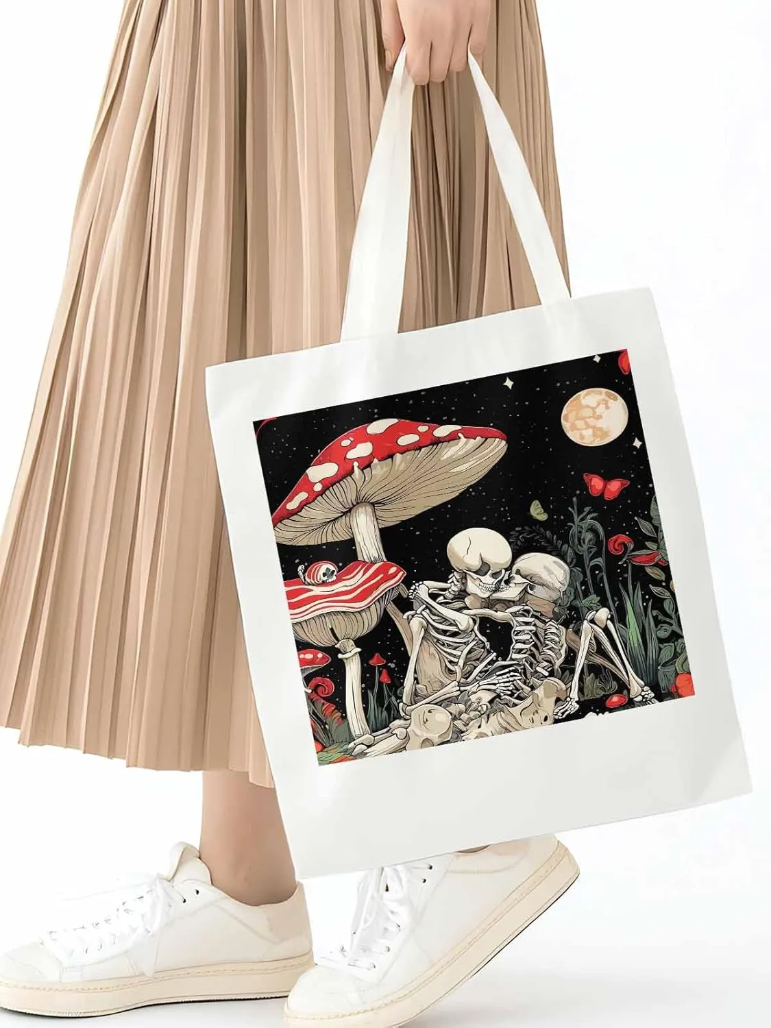 Skull Flower Mushroom Canvas Tote Bag, Aesthetic Canvas Tote Handbags for Women Shoulder Bag