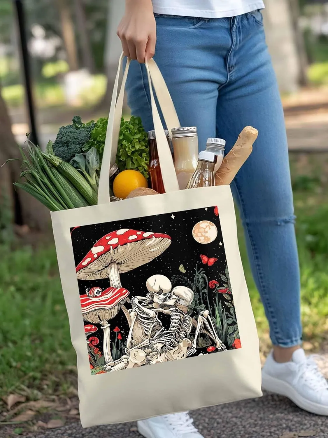 Skull Flower Mushroom Canvas Tote Bag, Aesthetic Canvas Tote Handbags for Women Shoulder Bag