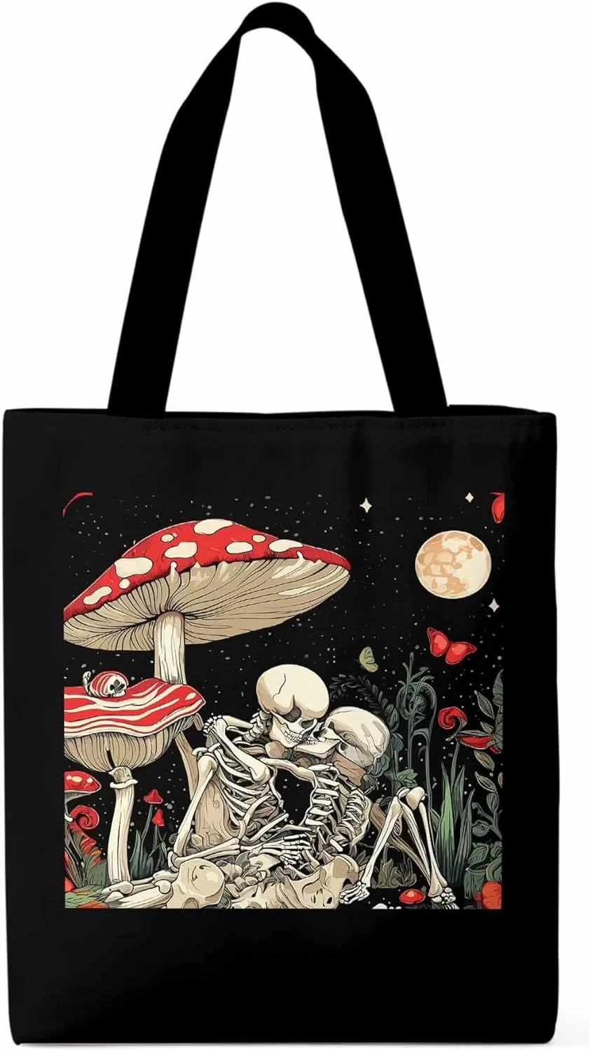 Skull Flower Mushroom Canvas Tote Bag, Aesthetic Canvas Tote Handbags for Women Shoulder Bag
