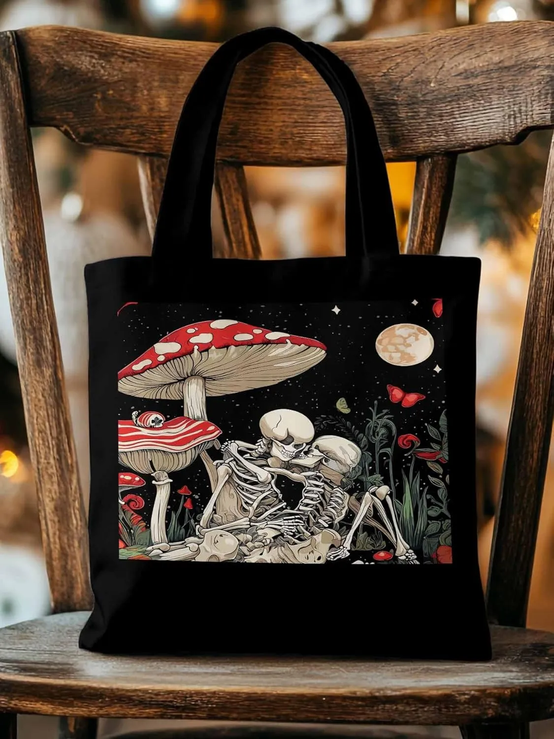 Skull Flower Mushroom Canvas Tote Bag, Aesthetic Canvas Tote Handbags for Women Shoulder Bag