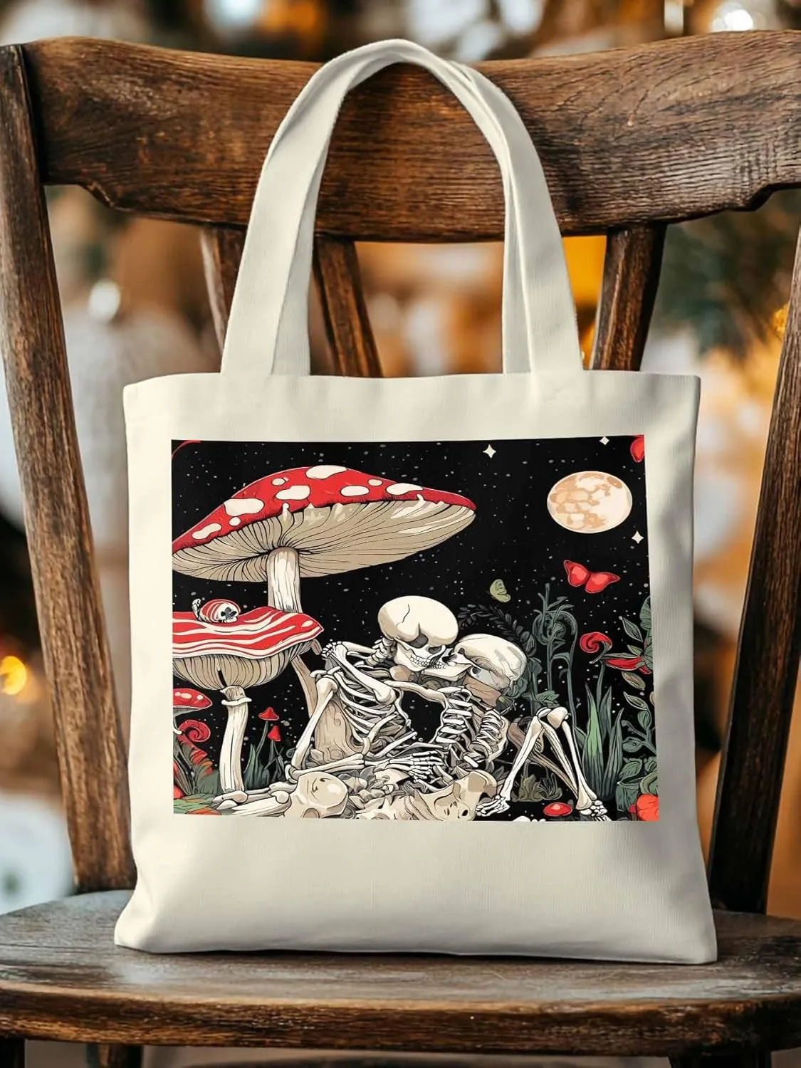 Skull Flower Mushroom Canvas Tote Bag, Aesthetic Canvas Tote Handbags for Women Shoulder Bag