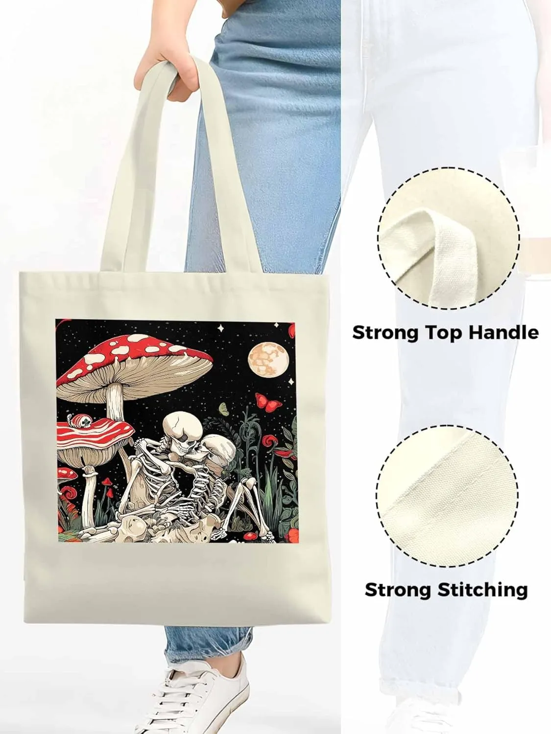 Skull Flower Mushroom Canvas Tote Bag, Aesthetic Canvas Tote Handbags for Women Shoulder Bag