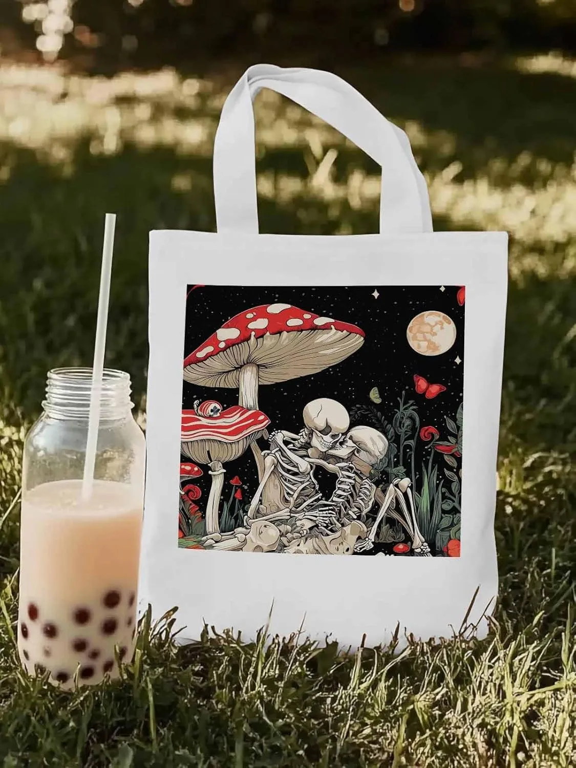 Skull Flower Mushroom Canvas Tote Bag, Aesthetic Canvas Tote Handbags for Women Shoulder Bag