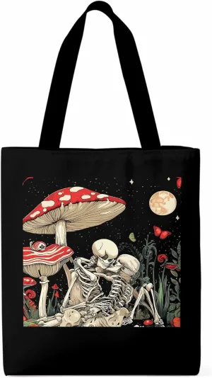 Skull Flower Mushroom Canvas Tote Bag, Aesthetic Canvas Tote Handbags for Women Shoulder Bag