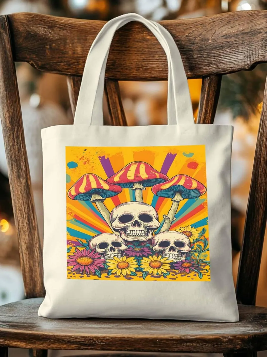 Skull Orange Mushroom Canvas Tote Bag, Aesthetic Canvas Tote Handbags for Women Shoulder Bag