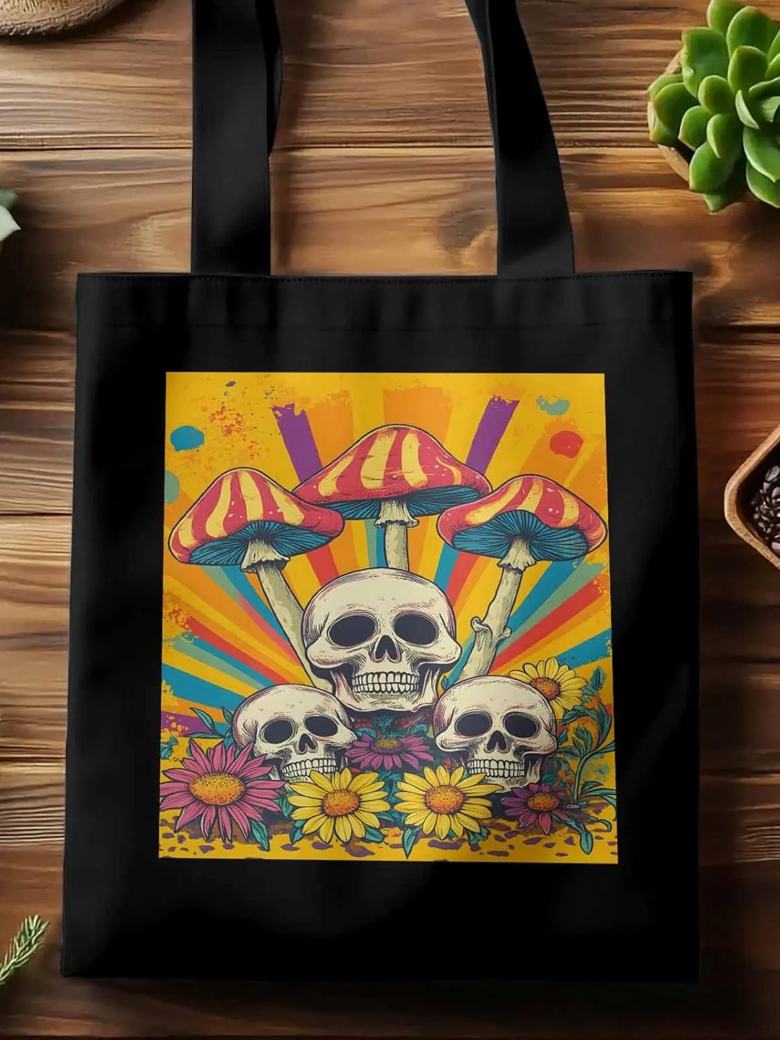 Skull Orange Mushroom Canvas Tote Bag, Aesthetic Canvas Tote Handbags for Women Shoulder Bag