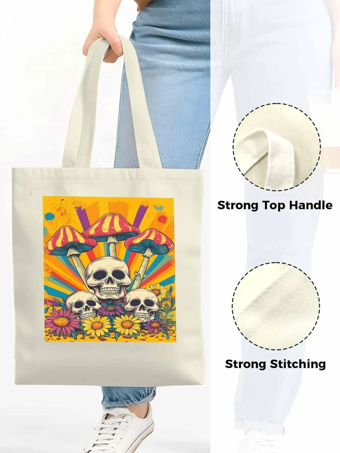 Skull Orange Mushroom Canvas Tote Bag, Aesthetic Canvas Tote Handbags for Women Shoulder Bag