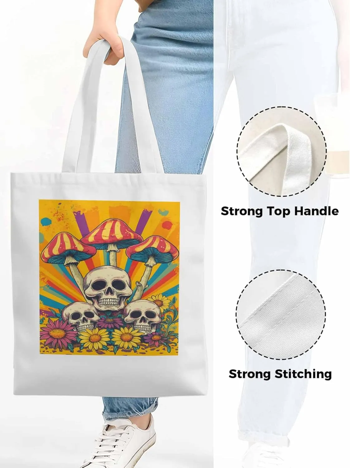 Skull Orange Mushroom Canvas Tote Bag, Aesthetic Canvas Tote Handbags for Women Shoulder Bag