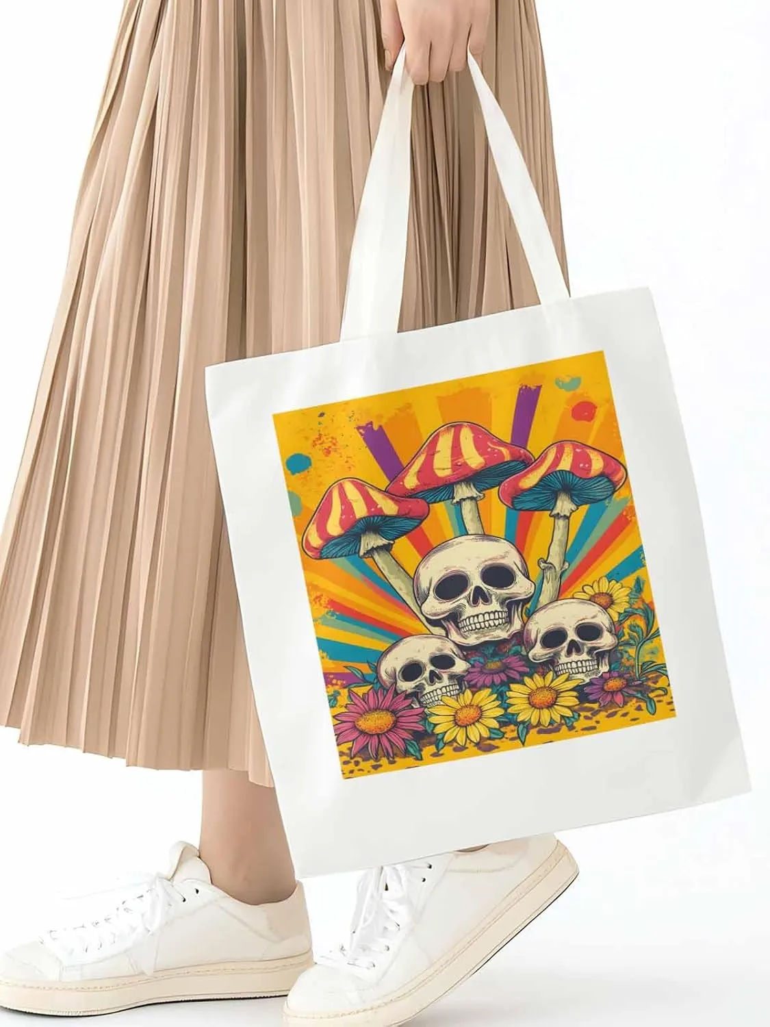 Skull Orange Mushroom Canvas Tote Bag, Aesthetic Canvas Tote Handbags for Women Shoulder Bag