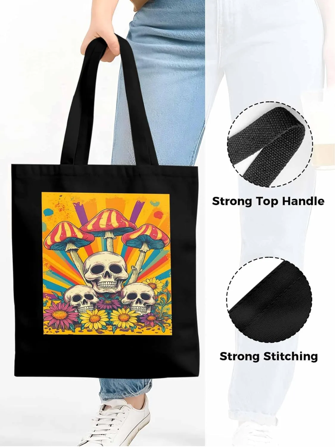 Skull Orange Mushroom Canvas Tote Bag, Aesthetic Canvas Tote Handbags for Women Shoulder Bag