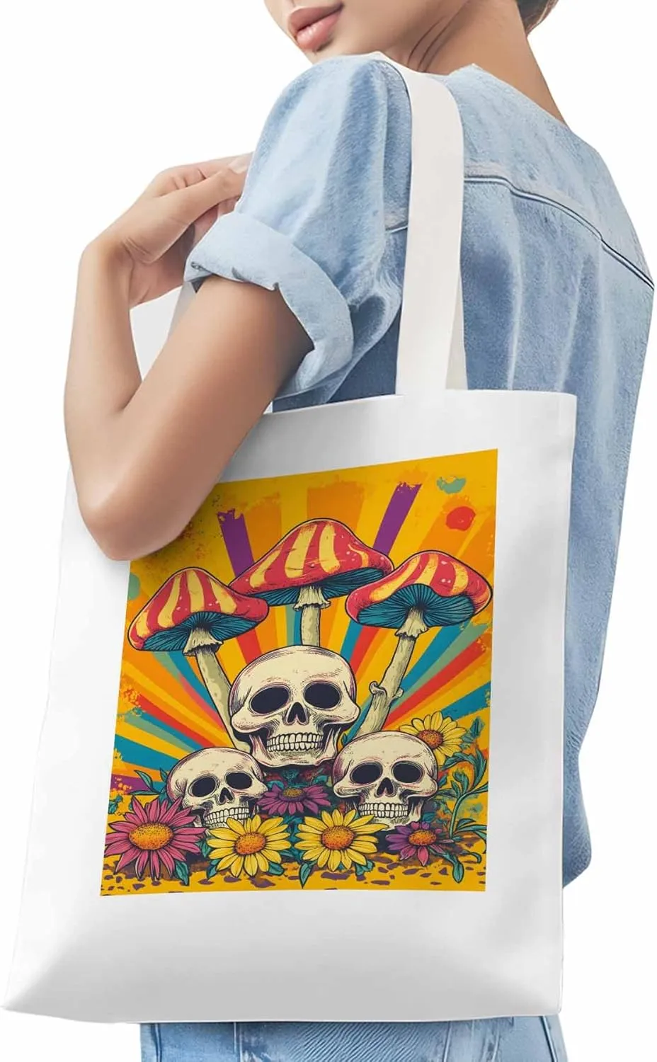 Skull Orange Mushroom Canvas Tote Bag, Aesthetic Canvas Tote Handbags for Women Shoulder Bag