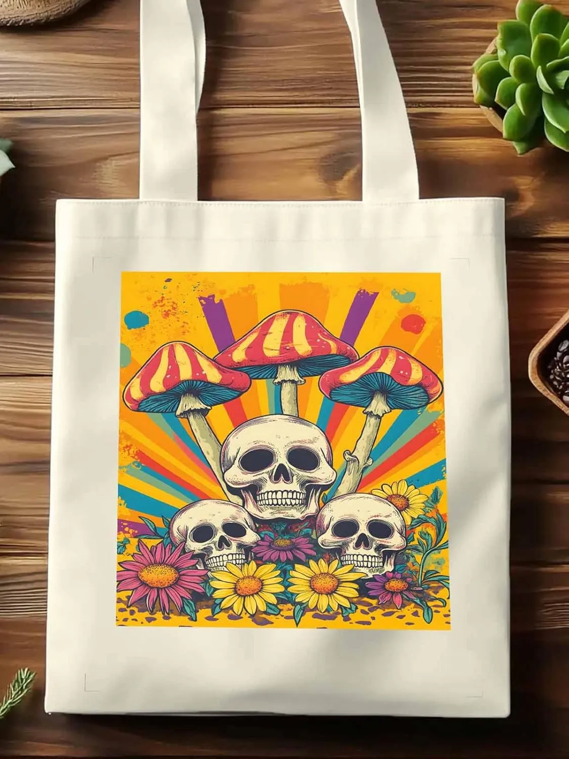 Skull Orange Mushroom Canvas Tote Bag, Aesthetic Canvas Tote Handbags for Women Shoulder Bag