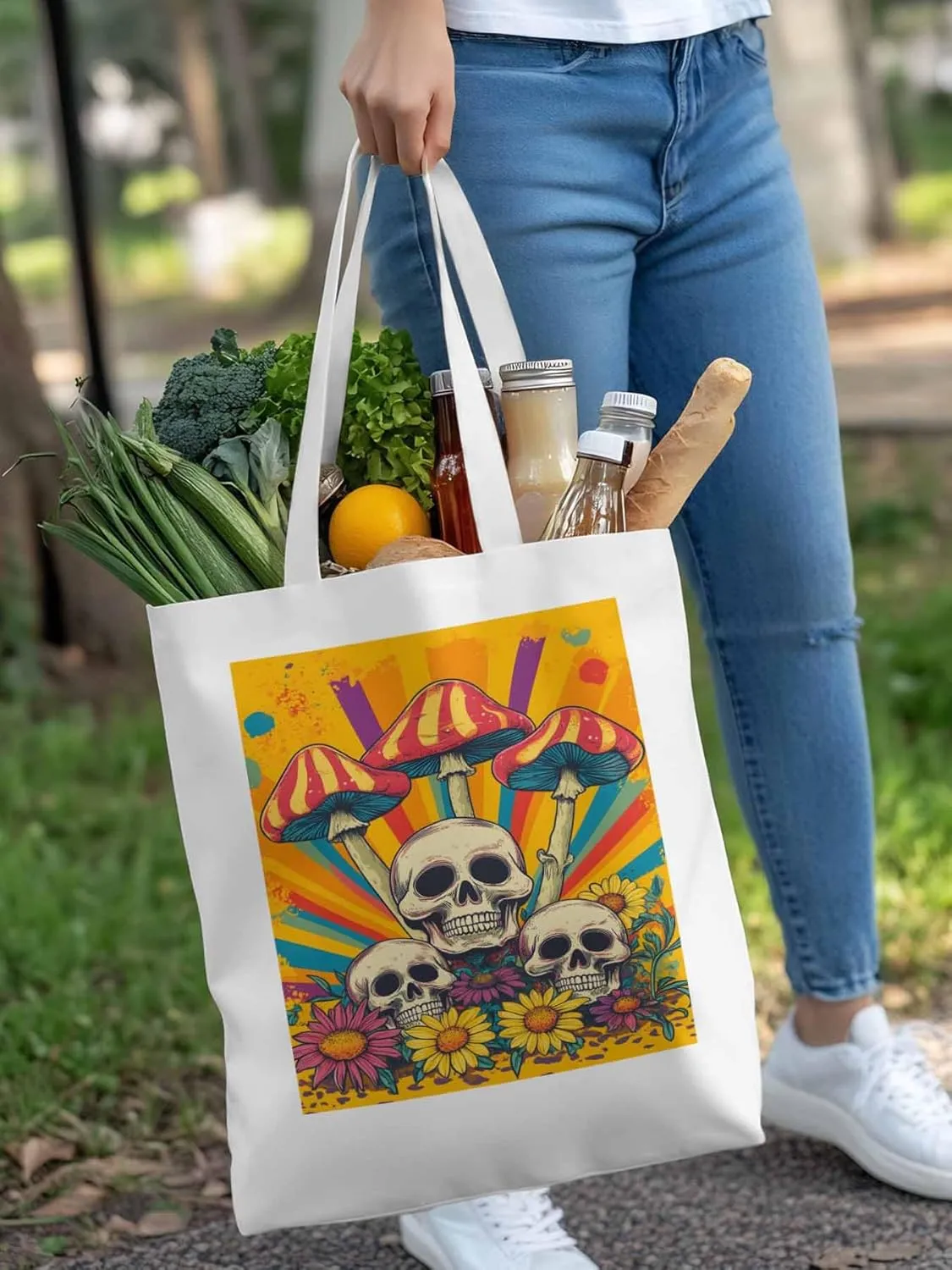 Skull Orange Mushroom Canvas Tote Bag, Aesthetic Canvas Tote Handbags for Women Shoulder Bag