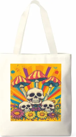Skull Orange Mushroom Canvas Tote Bag, Aesthetic Canvas Tote Handbags for Women Shoulder Bag