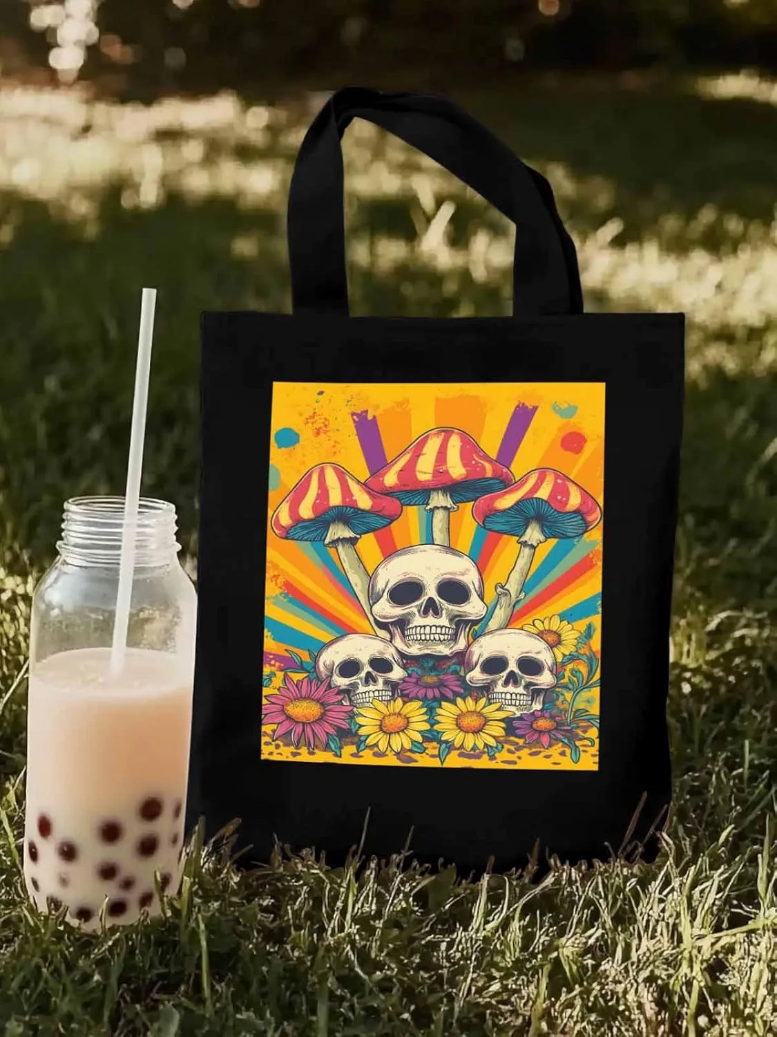 Skull Orange Mushroom Canvas Tote Bag, Aesthetic Canvas Tote Handbags for Women Shoulder Bag