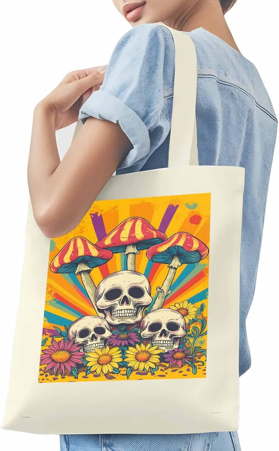Skull Orange Mushroom Canvas Tote Bag, Aesthetic Canvas Tote Handbags for Women Shoulder Bag