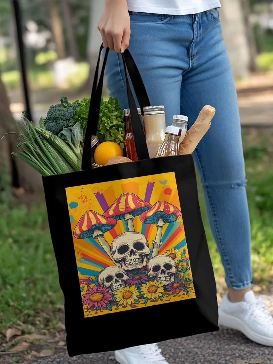 Skull Orange Mushroom Canvas Tote Bag, Aesthetic Canvas Tote Handbags for Women Shoulder Bag