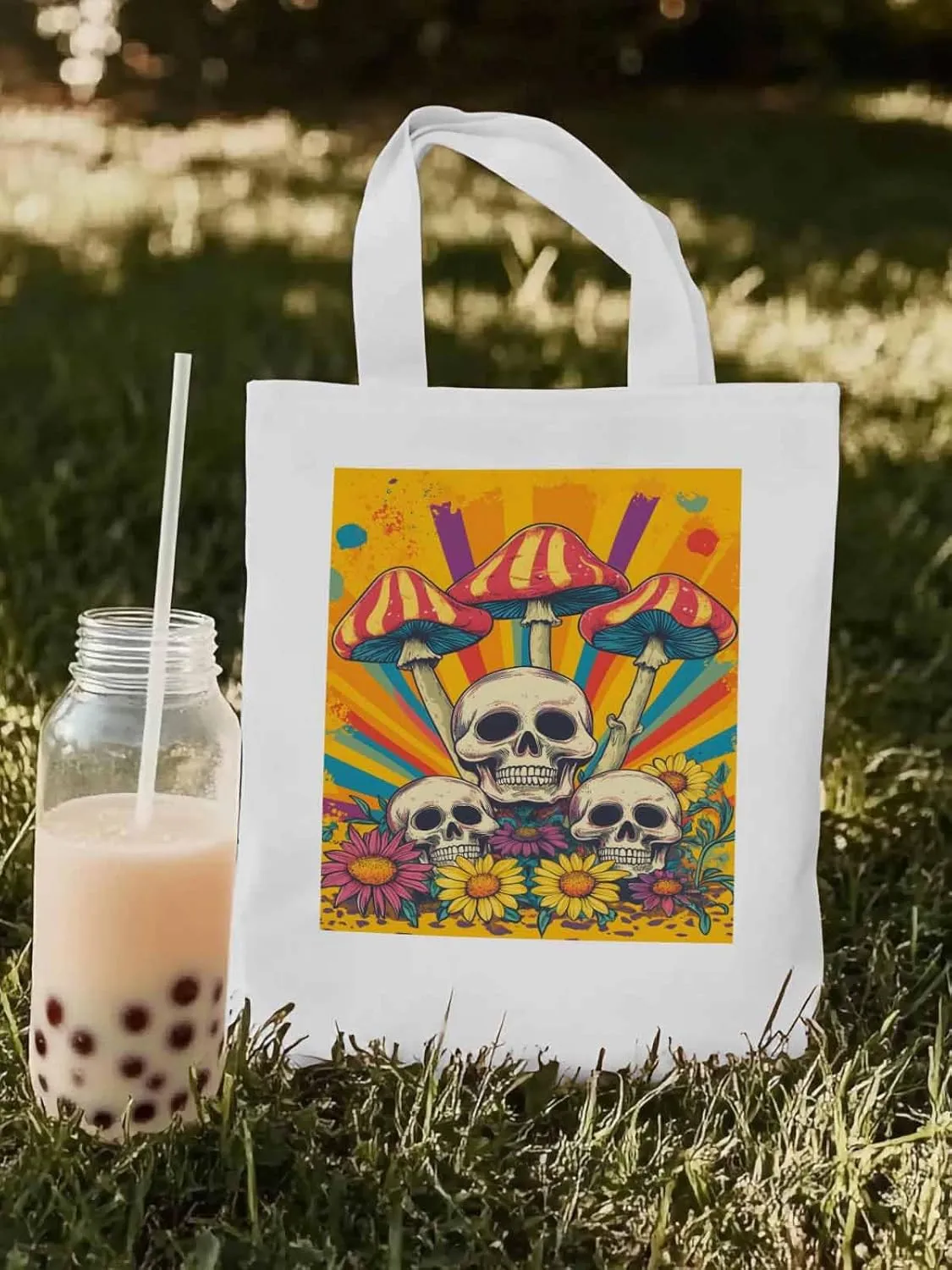 Skull Orange Mushroom Canvas Tote Bag, Aesthetic Canvas Tote Handbags for Women Shoulder Bag