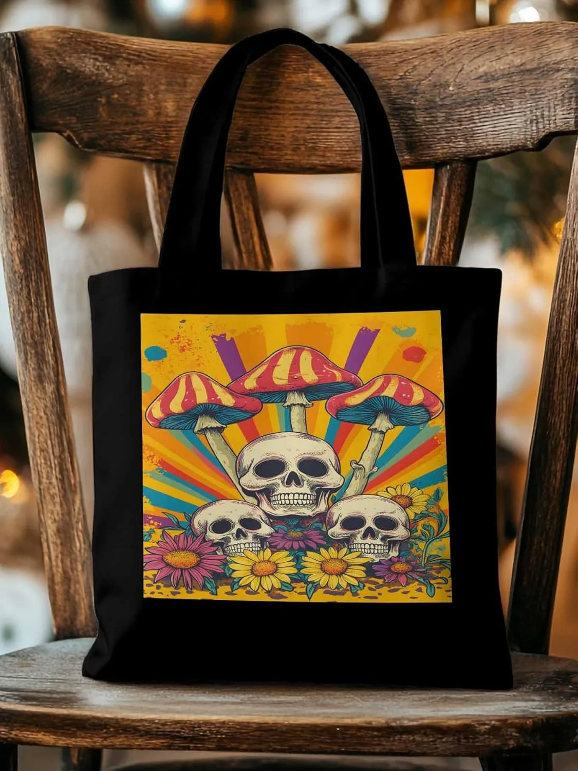Skull Orange Mushroom Canvas Tote Bag, Aesthetic Canvas Tote Handbags for Women Shoulder Bag