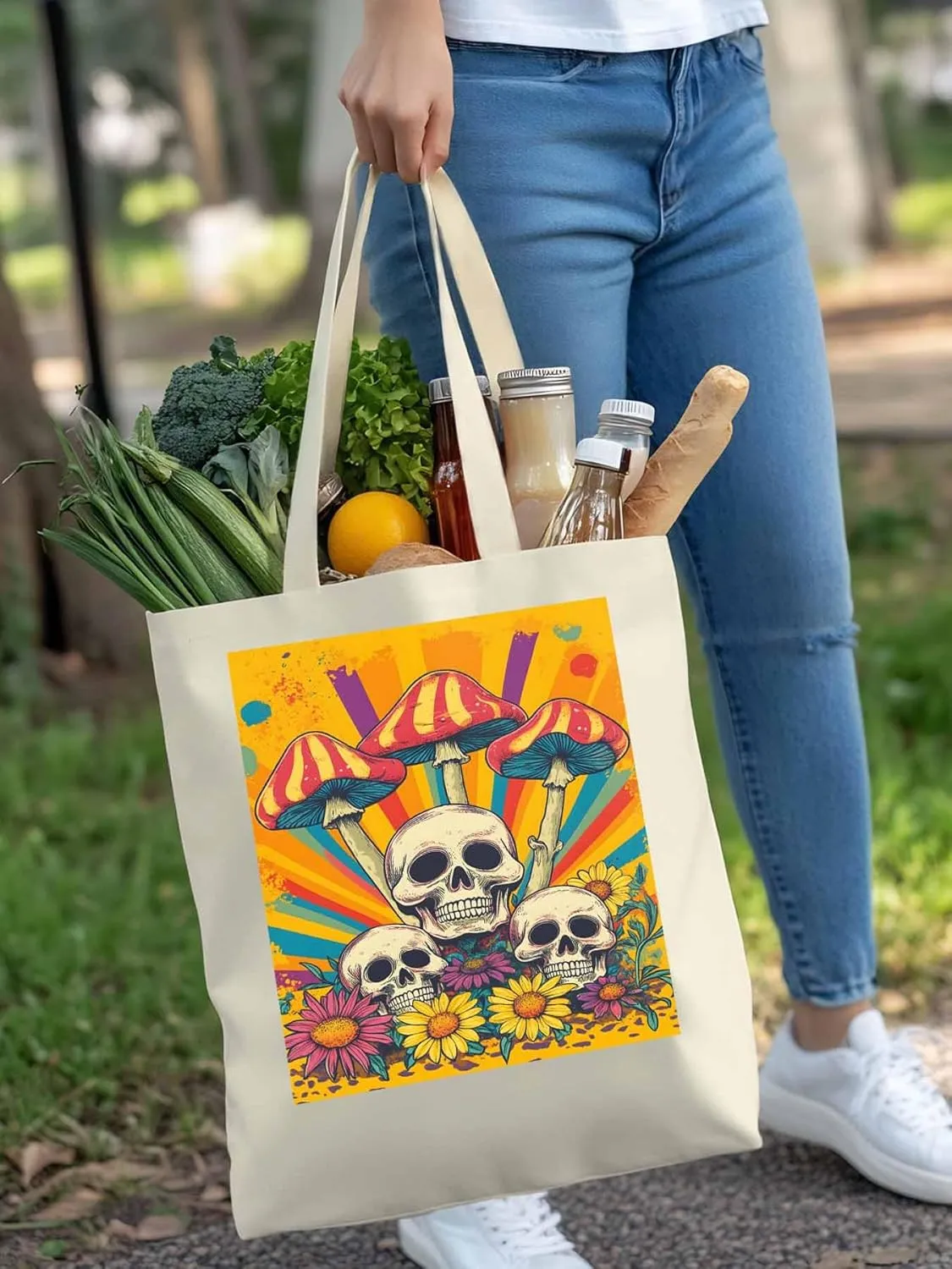 Skull Orange Mushroom Canvas Tote Bag, Aesthetic Canvas Tote Handbags for Women Shoulder Bag