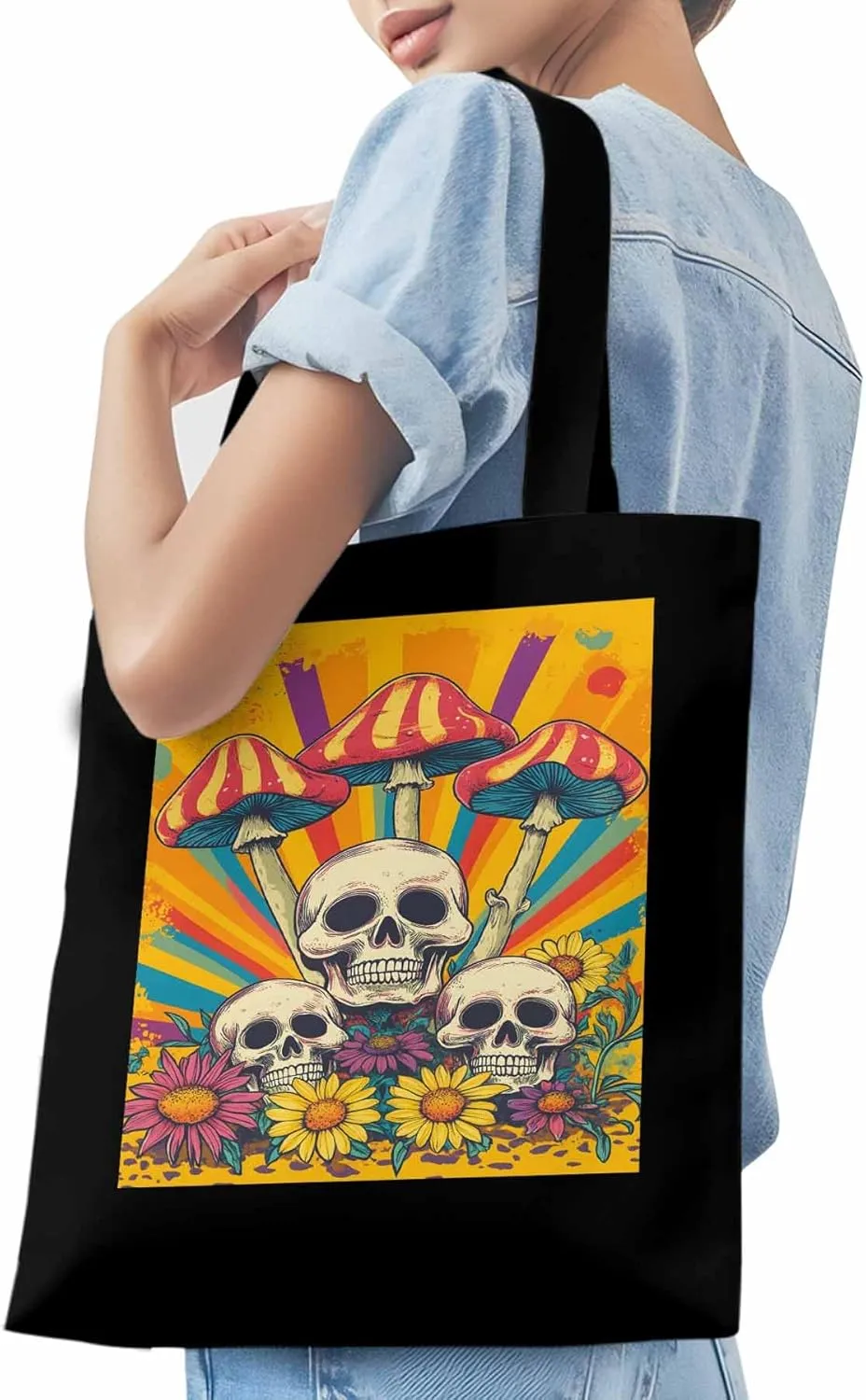 Skull Orange Mushroom Canvas Tote Bag, Aesthetic Canvas Tote Handbags for Women Shoulder Bag