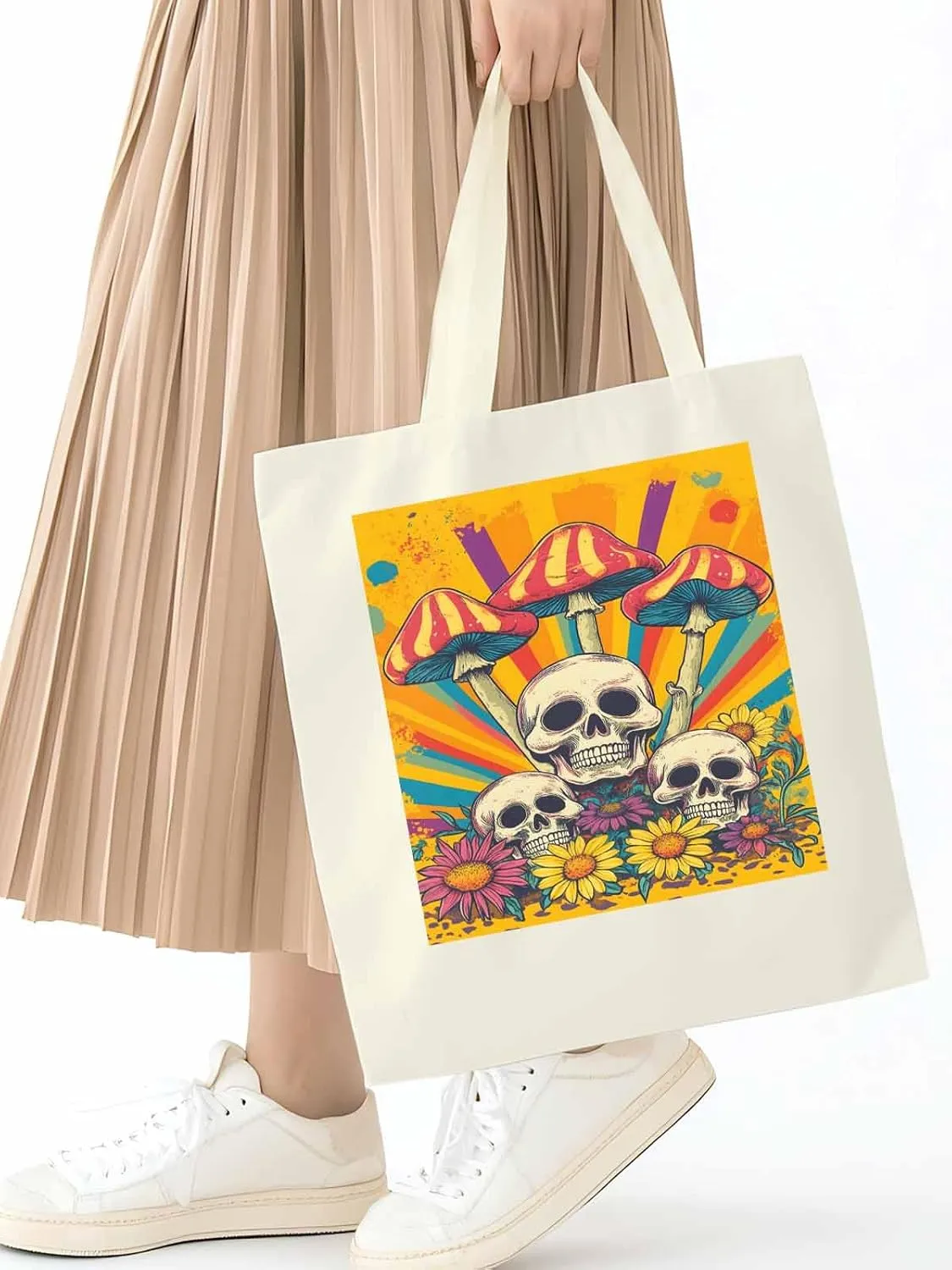 Skull Orange Mushroom Canvas Tote Bag, Aesthetic Canvas Tote Handbags for Women Shoulder Bag