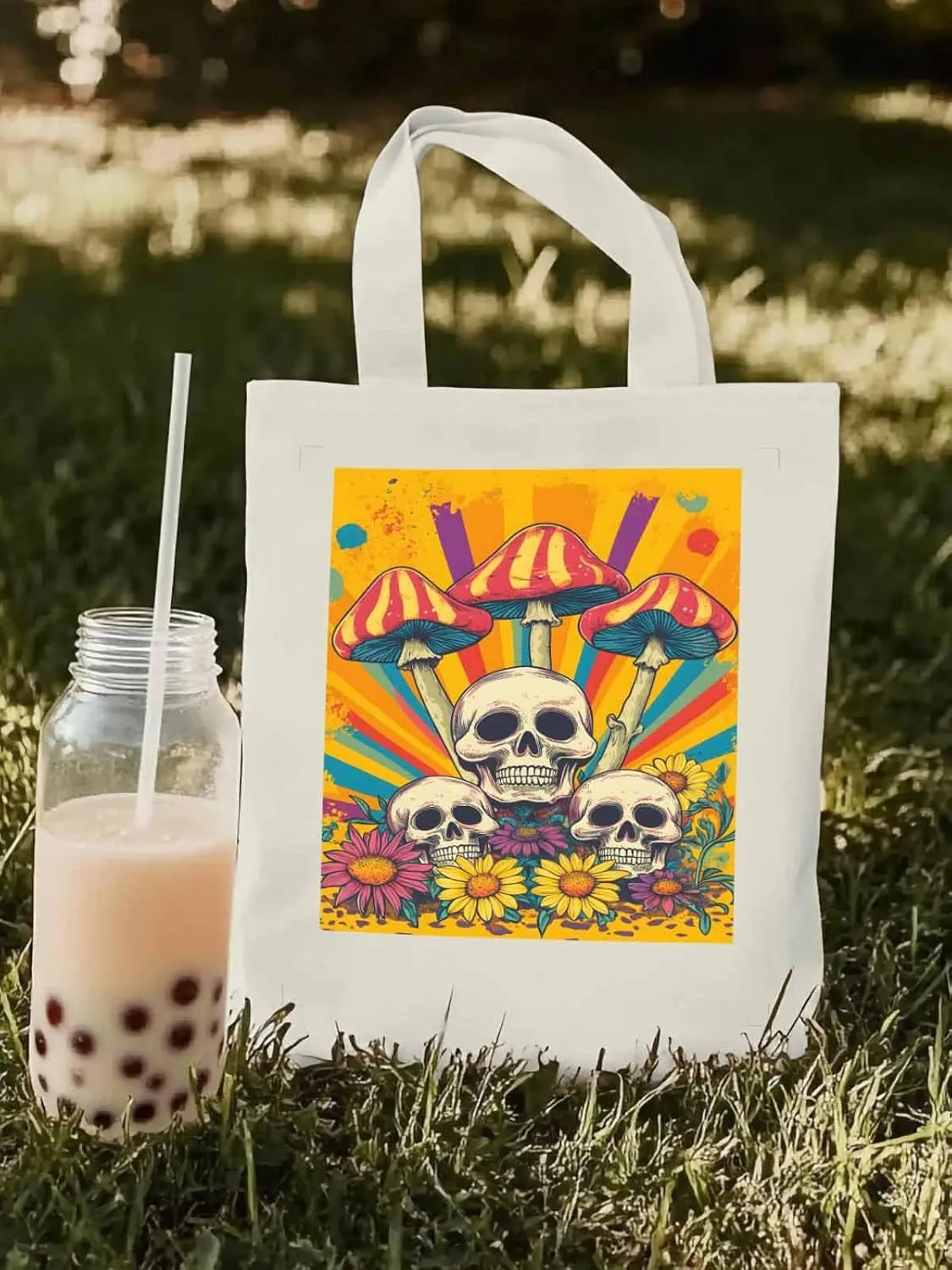 Skull Orange Mushroom Canvas Tote Bag, Aesthetic Canvas Tote Handbags for Women Shoulder Bag
