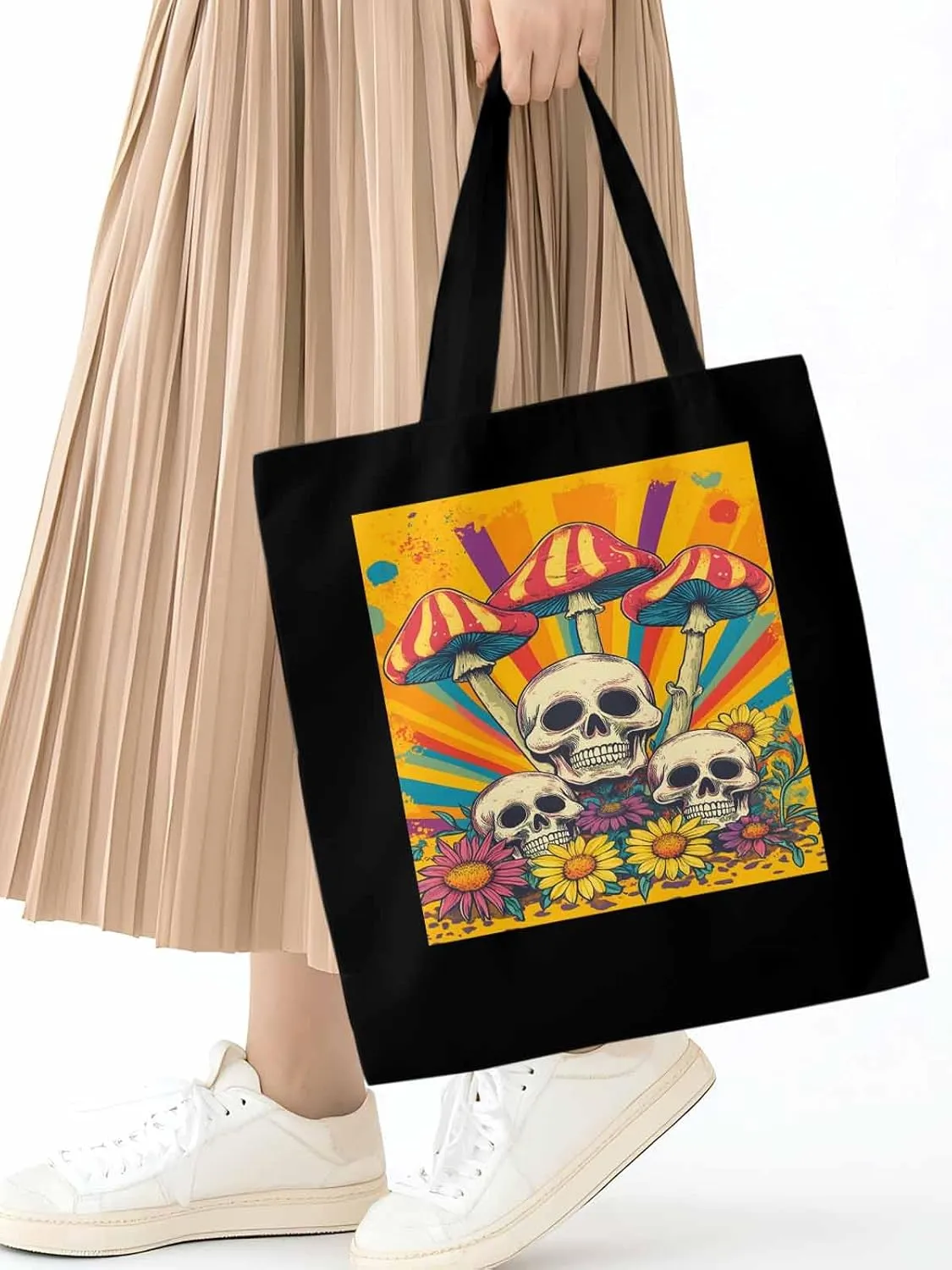 Skull Orange Mushroom Canvas Tote Bag, Aesthetic Canvas Tote Handbags for Women Shoulder Bag