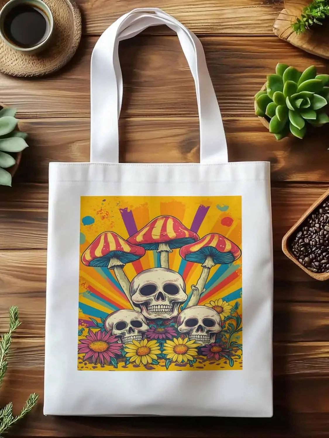 Skull Orange Mushroom Canvas Tote Bag, Aesthetic Canvas Tote Handbags for Women Shoulder Bag