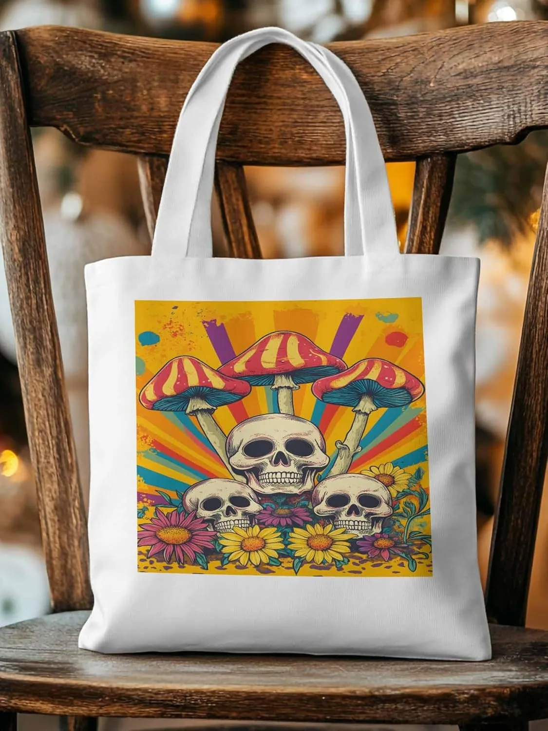 Skull Orange Mushroom Canvas Tote Bag, Aesthetic Canvas Tote Handbags for Women Shoulder Bag