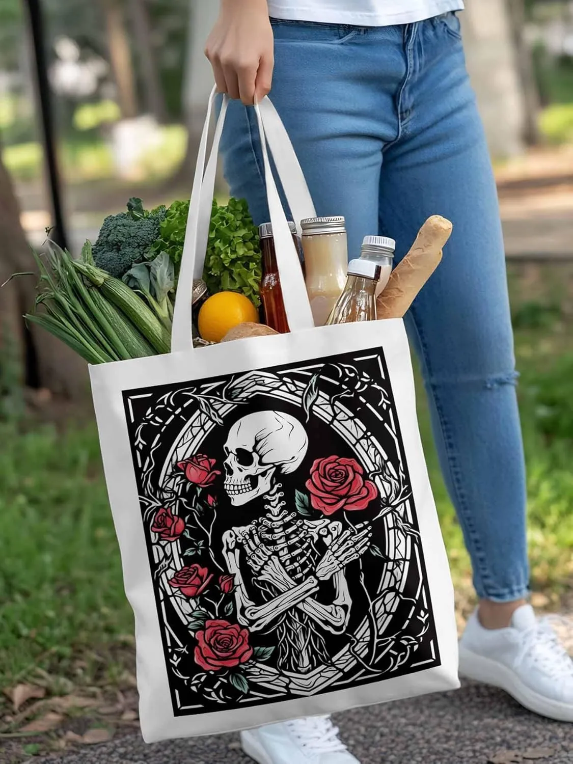 Skull Roses Red Canvas Tote Bag, Aesthetic Canvas Tote Handbags for Women Shoulder Bag