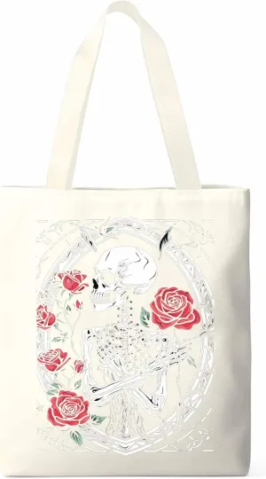 Skull Roses Red Canvas Tote Bag, Aesthetic Canvas Tote Handbags for Women Shoulder Bag