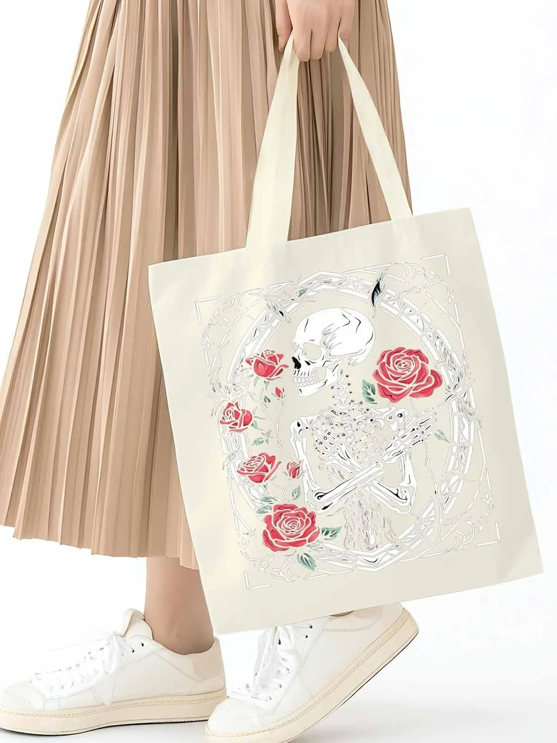 Skull Roses Red Canvas Tote Bag, Aesthetic Canvas Tote Handbags for Women Shoulder Bag
