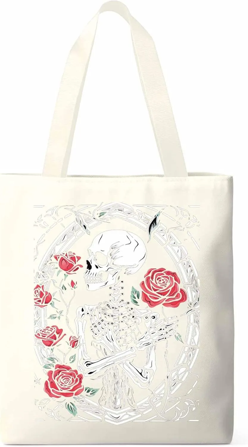 Skull Roses Red Canvas Tote Bag, Aesthetic Canvas Tote Handbags for Women Shoulder Bag