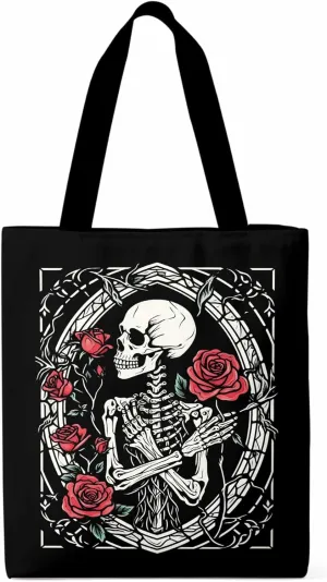 Skull Roses Red Canvas Tote Bag, Aesthetic Canvas Tote Handbags for Women Shoulder Bag