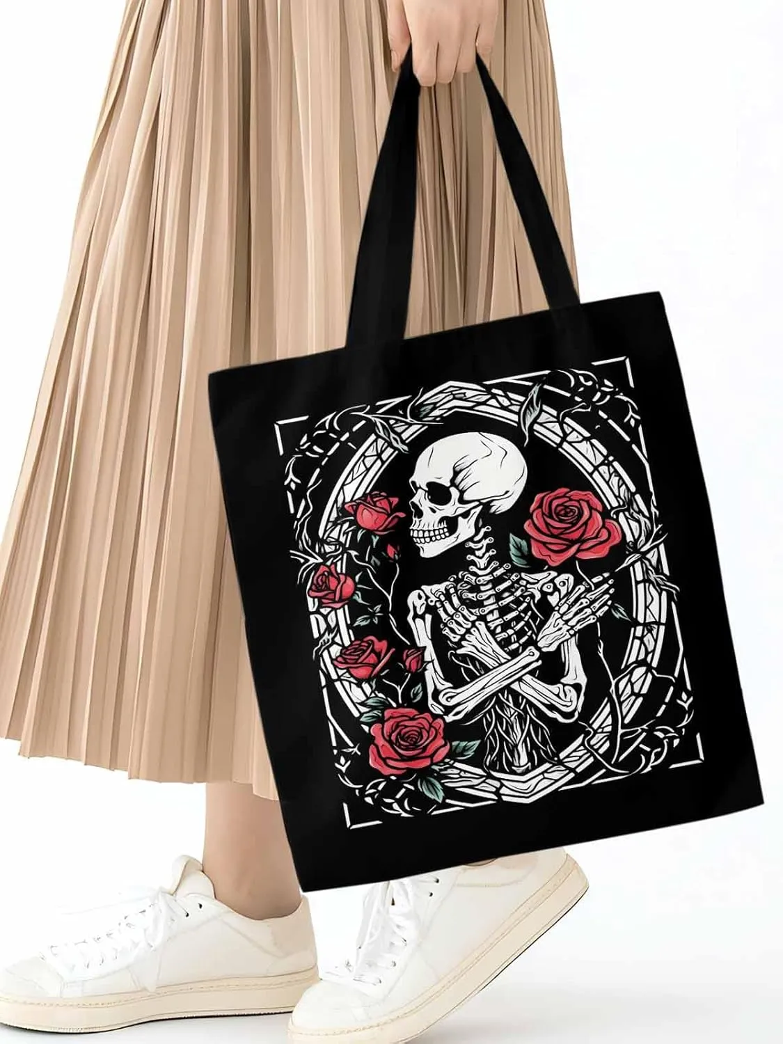 Skull Roses Red Canvas Tote Bag, Aesthetic Canvas Tote Handbags for Women Shoulder Bag