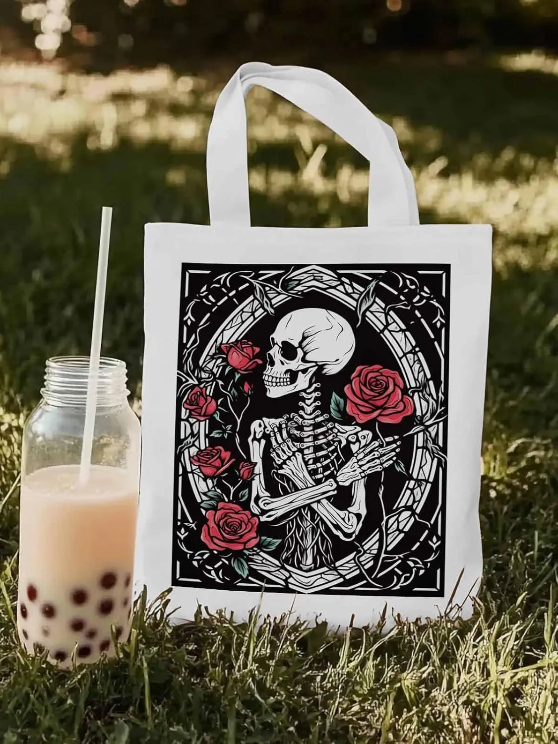 Skull Roses Red Canvas Tote Bag, Aesthetic Canvas Tote Handbags for Women Shoulder Bag