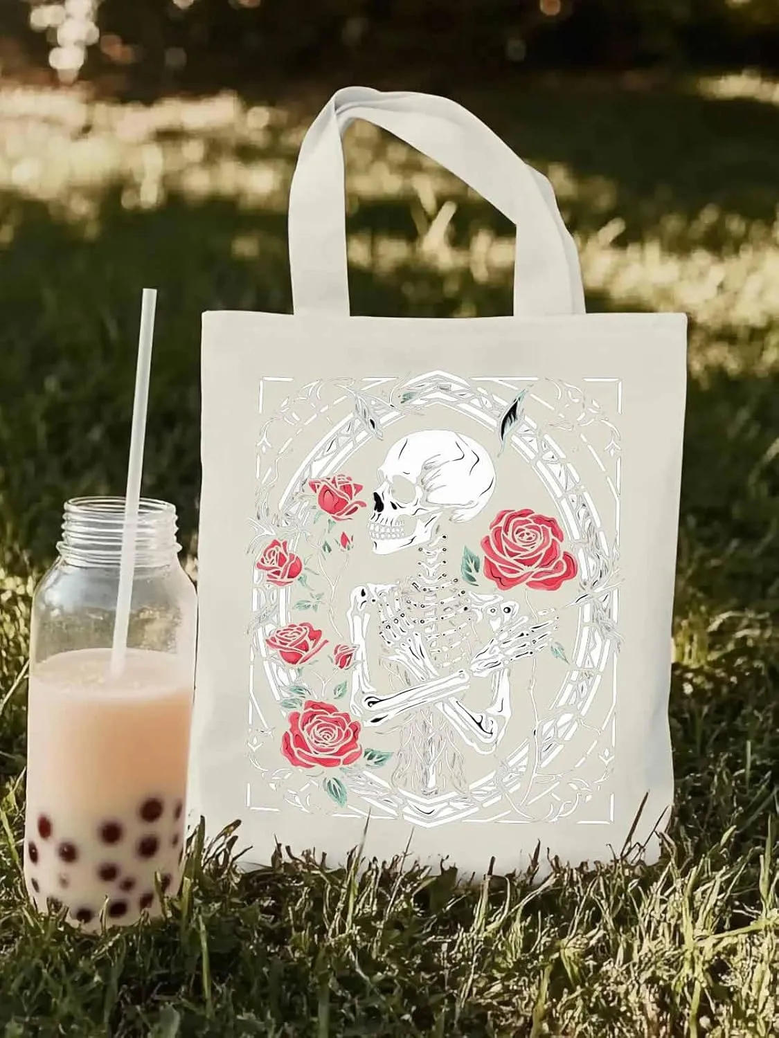 Skull Roses Red Canvas Tote Bag, Aesthetic Canvas Tote Handbags for Women Shoulder Bag